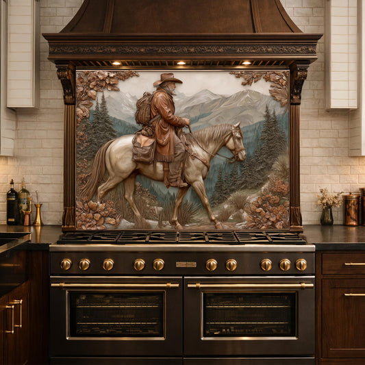 Mountain Traveler on Horseback Tempered Glass Backsplash, Copper Relief Look Wall Panel, Stove Guard