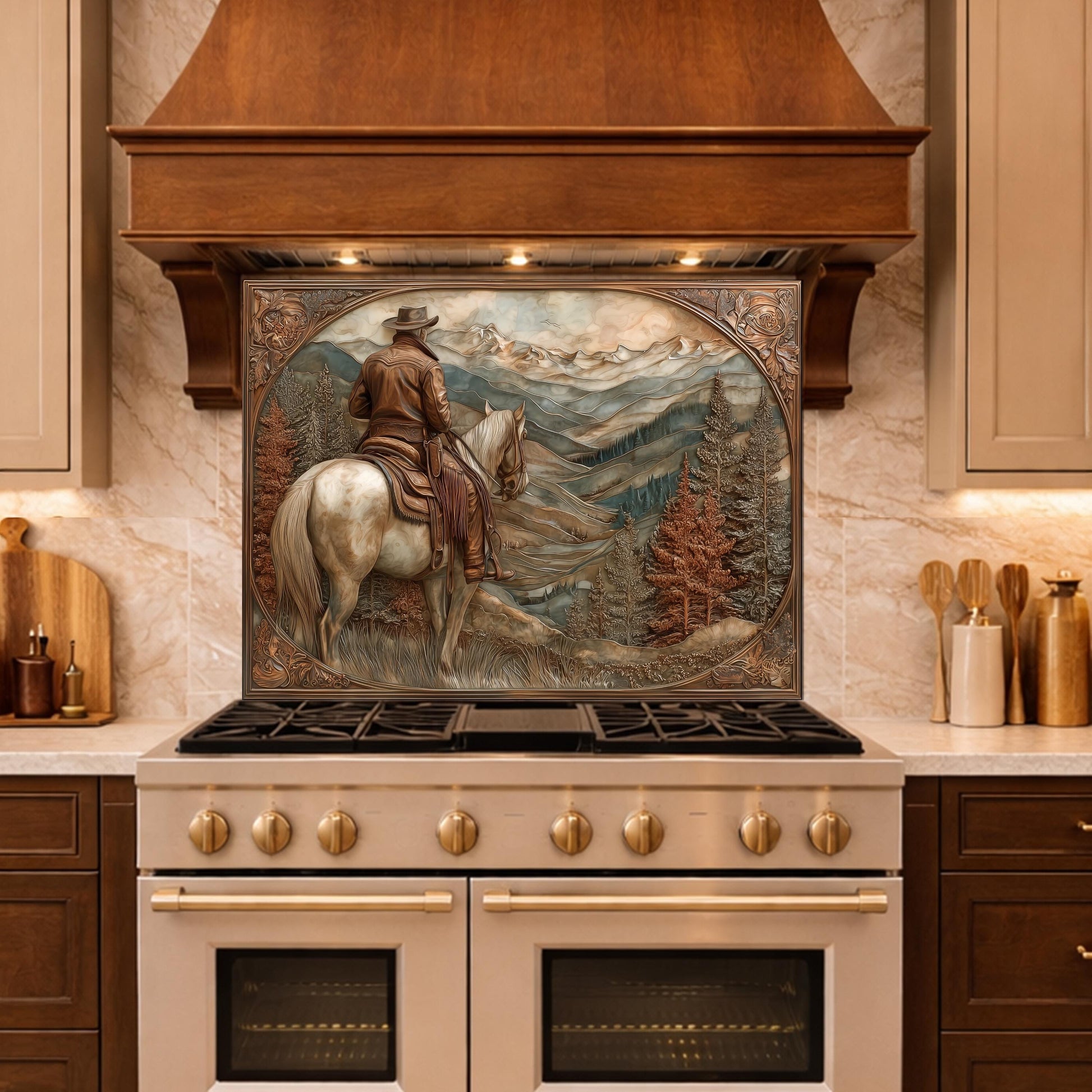 Mountain Ridge Cowboy Tempered Glass Backsplash, Copper Relief Look Wall Panel, Stove Guard