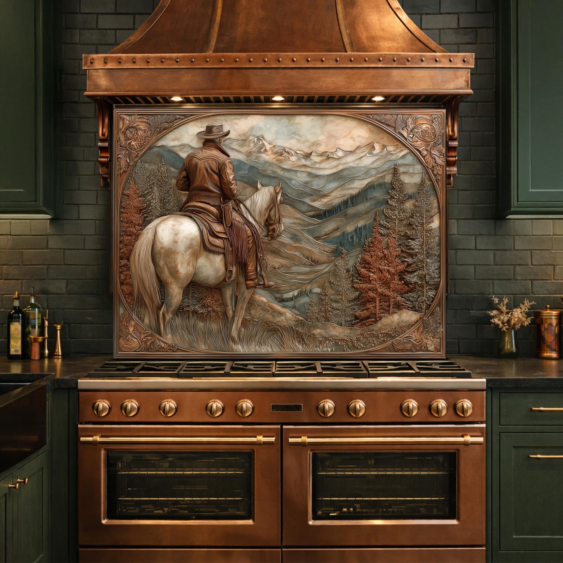 Mountain Ridge Cowboy Tempered Glass Backsplash, Copper Relief Look Wall Panel, Stove Guard