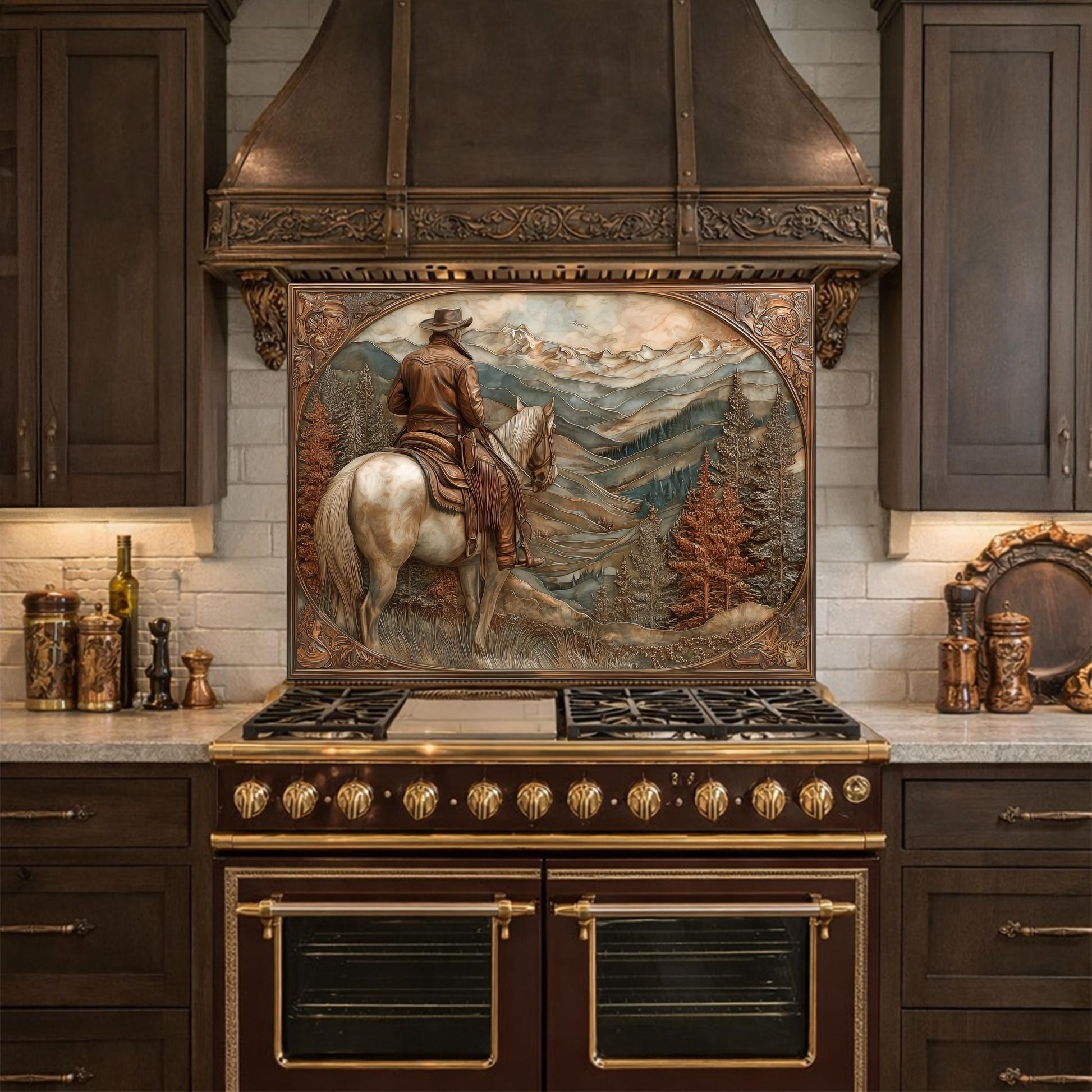 Mountain Ridge Cowboy Tempered Glass Backsplash, Copper Relief Look Wall Panel, Stove Guard