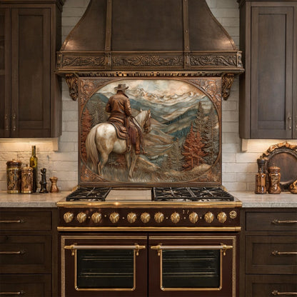 Mountain Ridge Cowboy Tempered Glass Backsplash, Copper Relief Look Wall Panel, Stove Guard