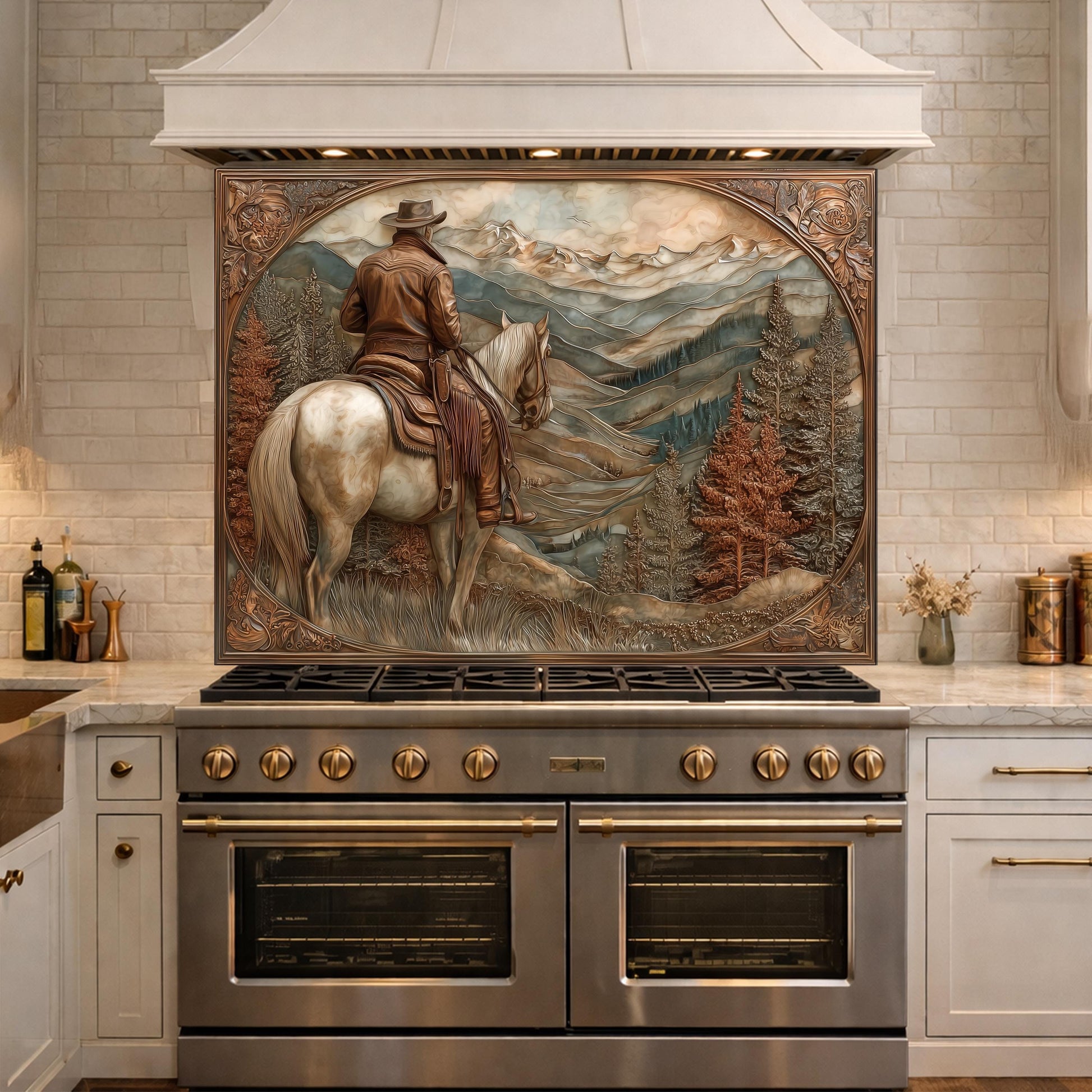 Mountain Ridge Cowboy Tempered Glass Backsplash, Copper Relief Look Wall Panel, Stove Guard
