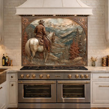 Mountain Ridge Cowboy Tempered Glass Backsplash, Copper Relief Look Wall Panel, Stove Guard