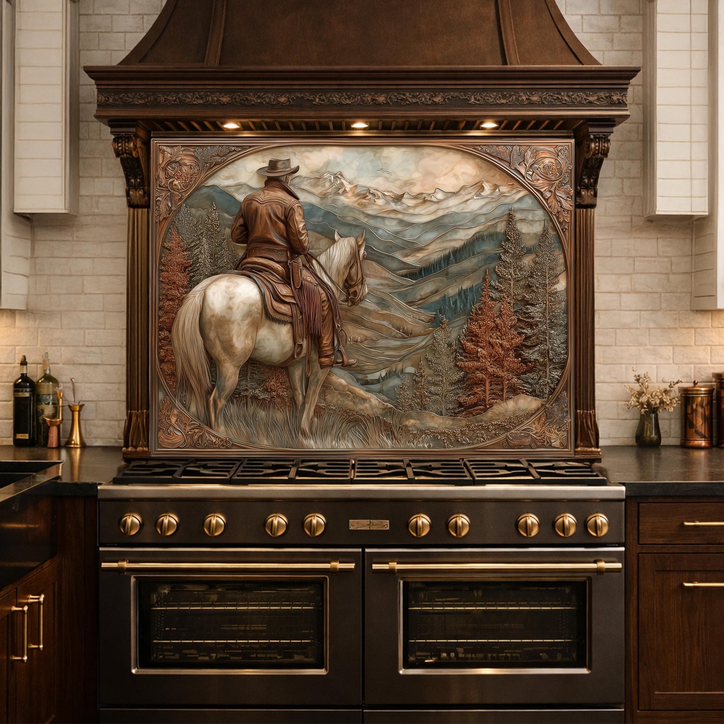 Mountain Ridge Cowboy Tempered Glass Backsplash, Copper Relief Look Wall Panel, Stove Guard