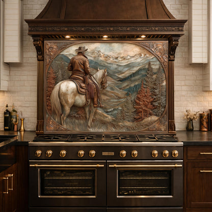 Mountain Ridge Cowboy Tempered Glass Backsplash, Copper Relief Look Wall Panel, Stove Guard