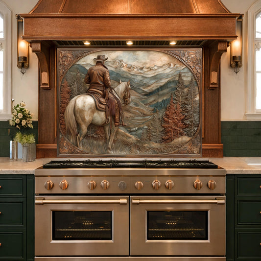 Mountain Ridge Cowboy Tempered Glass Backsplash, Copper Relief Look Wall Panel, Stove Guard
