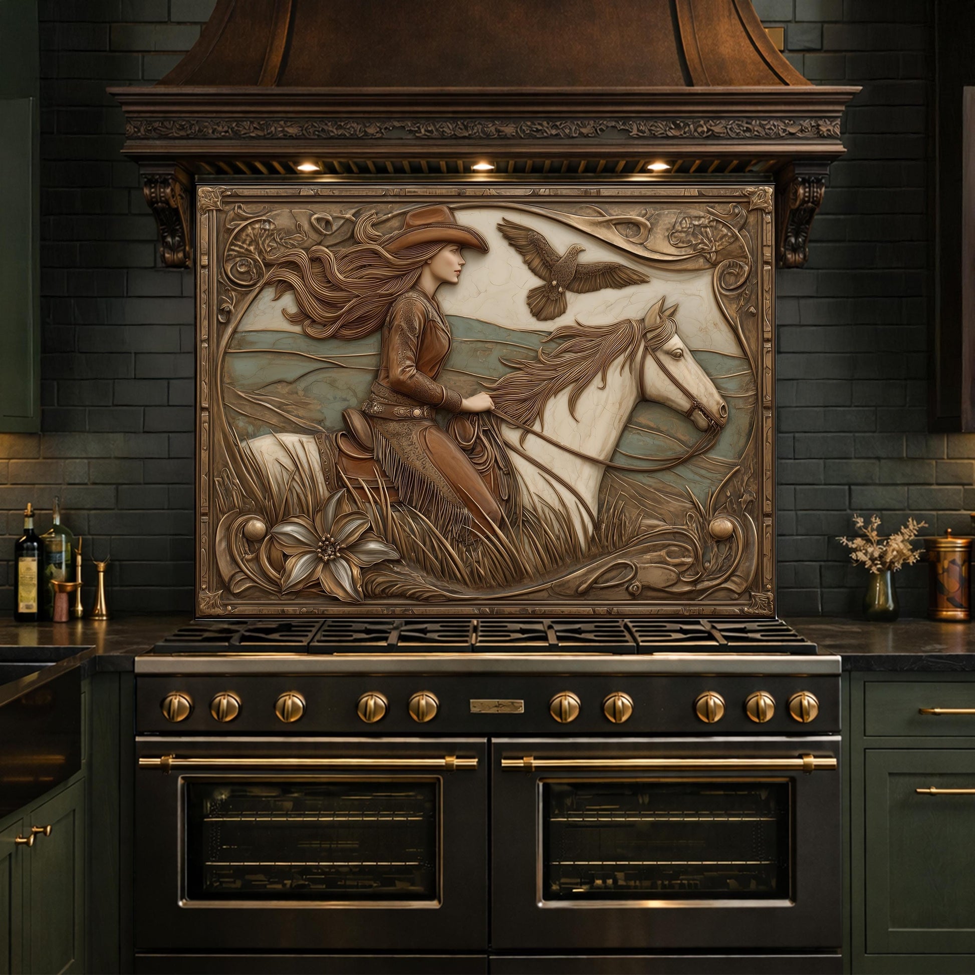 Graceful Cowgirl and Galloping Horse Tempered Glass Backsplash, Copper Relief Look Wall Panel