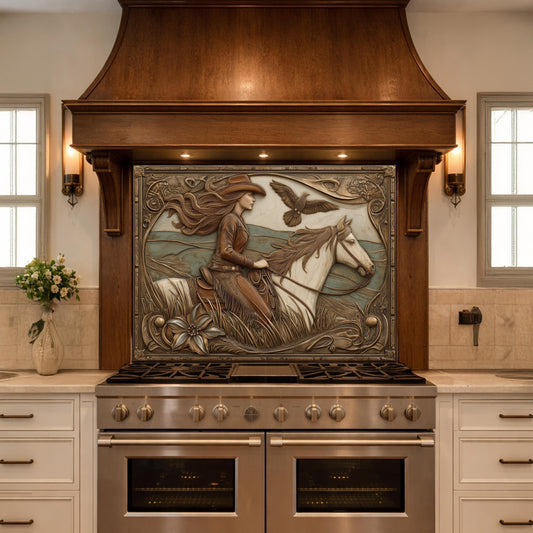 Graceful Cowgirl and Galloping Horse Tempered Glass Backsplash, Copper Relief Look Wall Panel