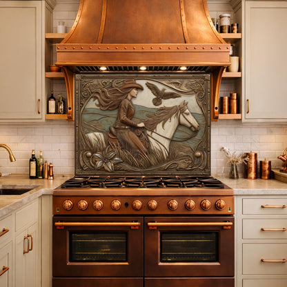 Graceful Cowgirl and Galloping Horse Tempered Glass Backsplash, Copper Relief Look Wall Panel