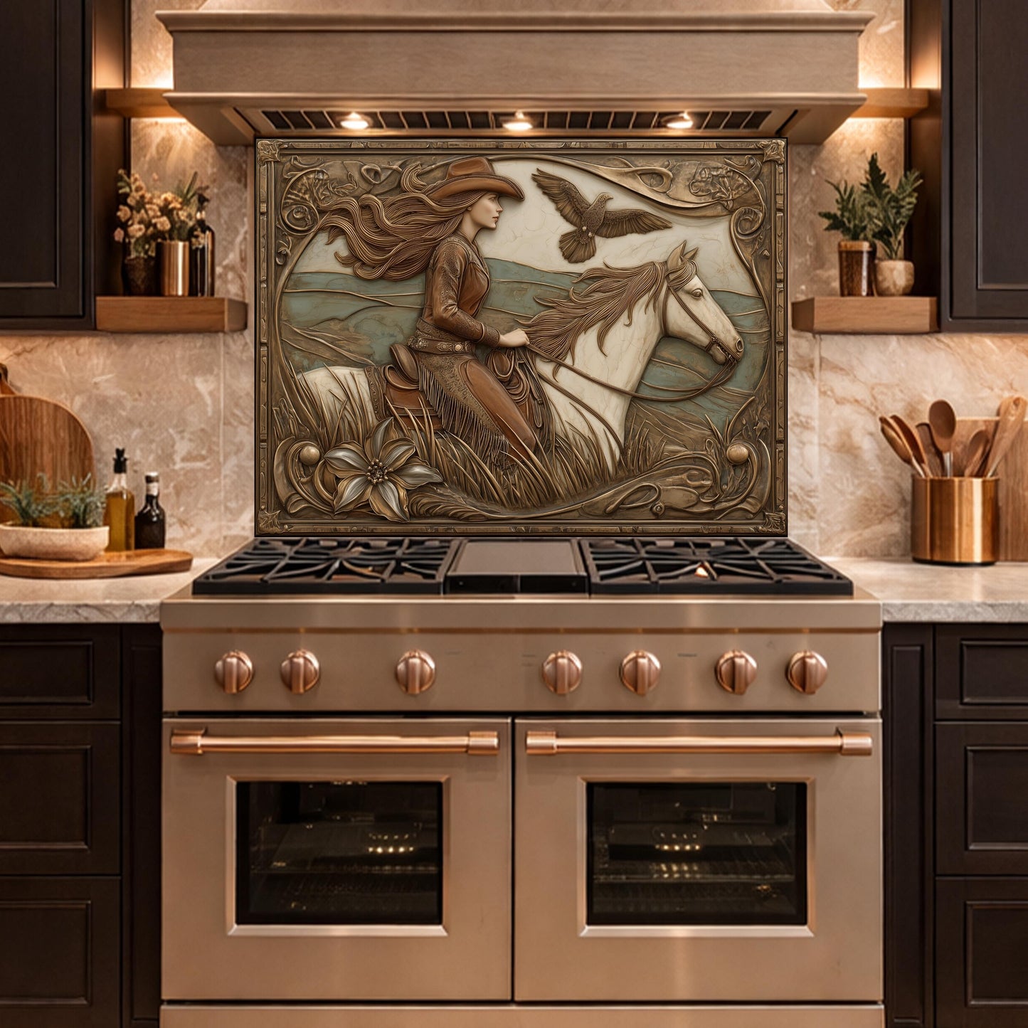 Graceful Cowgirl and Galloping Horse Tempered Glass Backsplash, Copper Relief Look Wall Panel