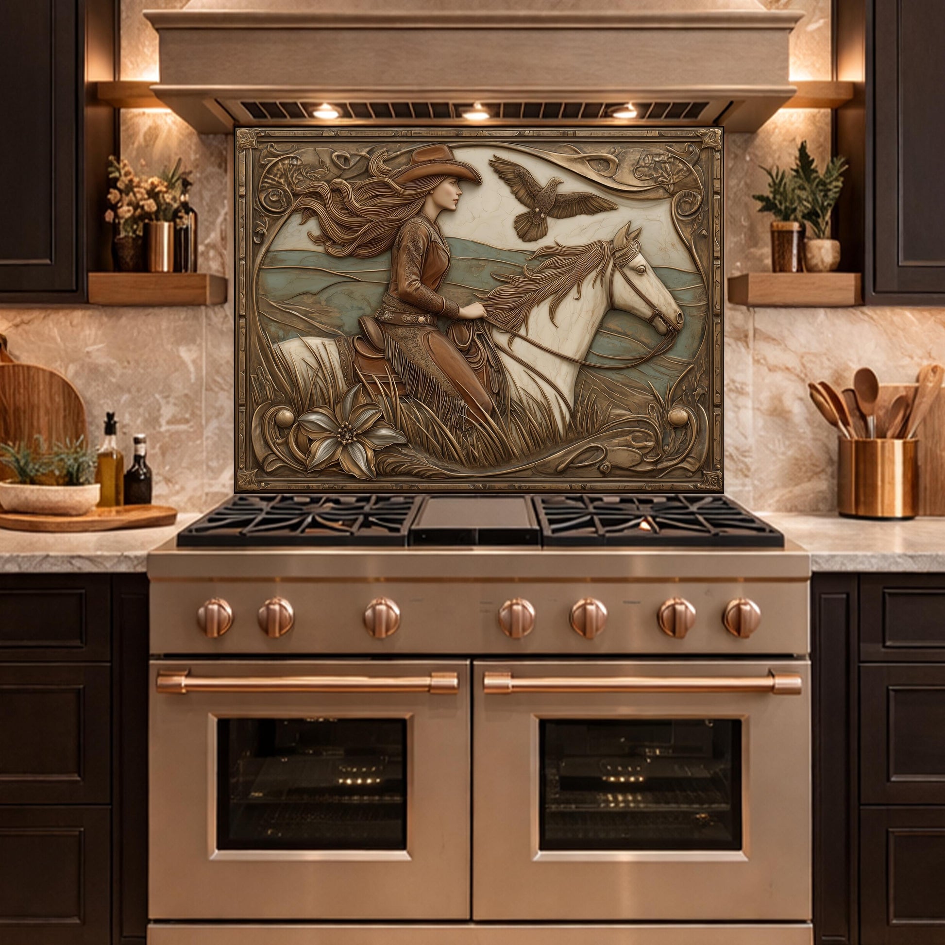 Graceful Cowgirl and Galloping Horse Tempered Glass Backsplash, Copper Relief Look Wall Panel