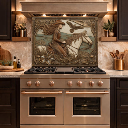 Graceful Cowgirl and Galloping Horse Tempered Glass Backsplash, Copper Relief Look Wall Panel
