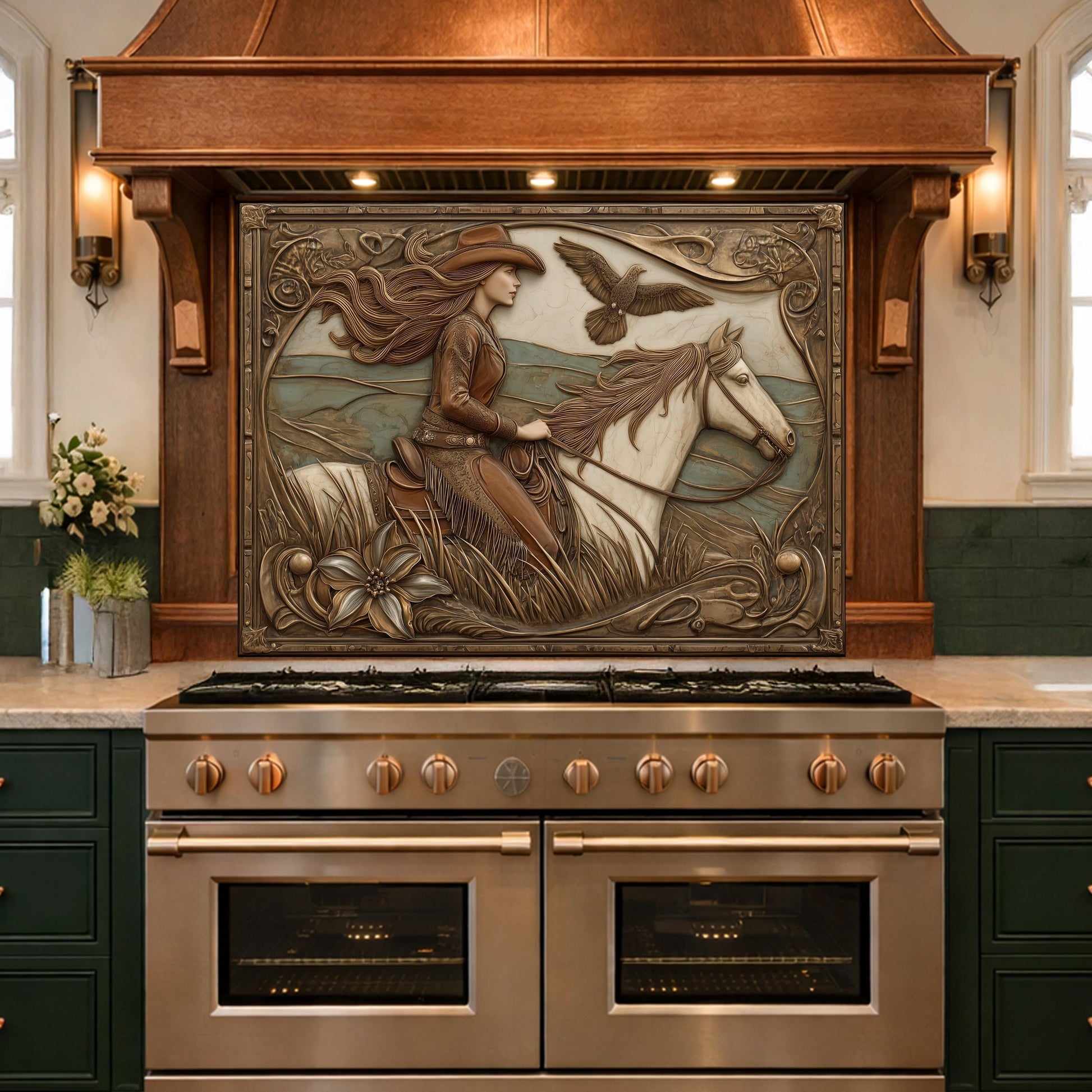Graceful Cowgirl and Galloping Horse Tempered Glass Backsplash, Copper Relief Look Wall Panel