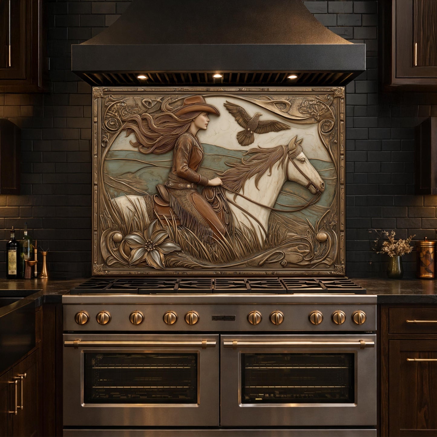 Graceful Cowgirl and Galloping Horse Tempered Glass Backsplash, Copper Relief Look Wall Panel
