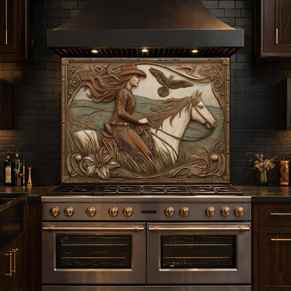 Graceful Cowgirl and Galloping Horse Tempered Glass Backsplash, Copper Relief Look Wall Panel