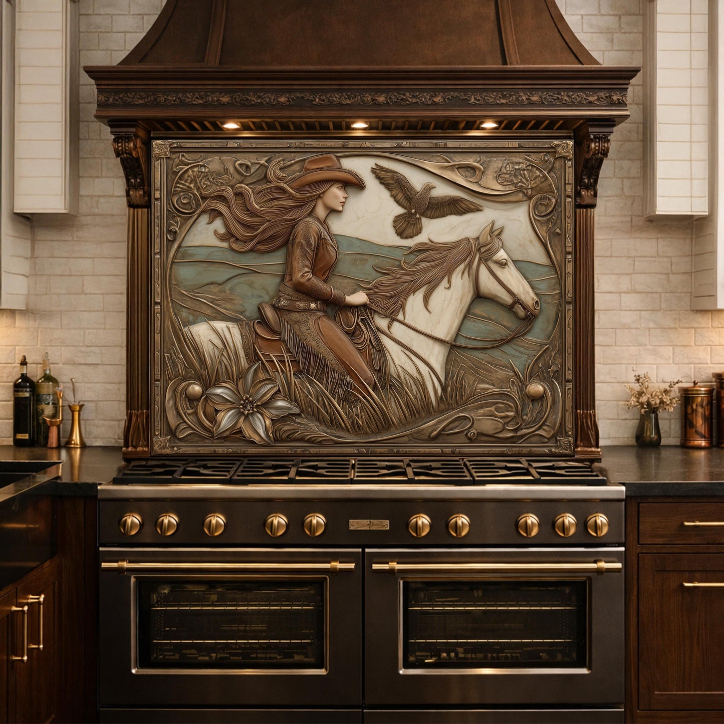 Graceful Cowgirl and Galloping Horse Tempered Glass Backsplash, Copper Relief Look Wall Panel