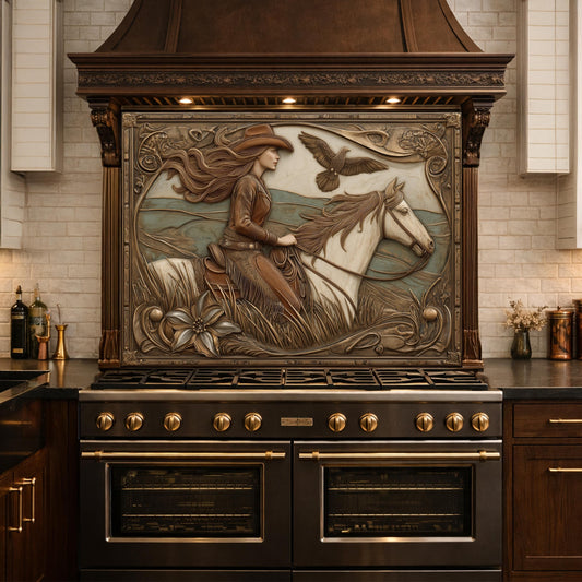 Graceful Cowgirl and Galloping Horse Tempered Glass Backsplash, Copper Relief Look Wall Panel