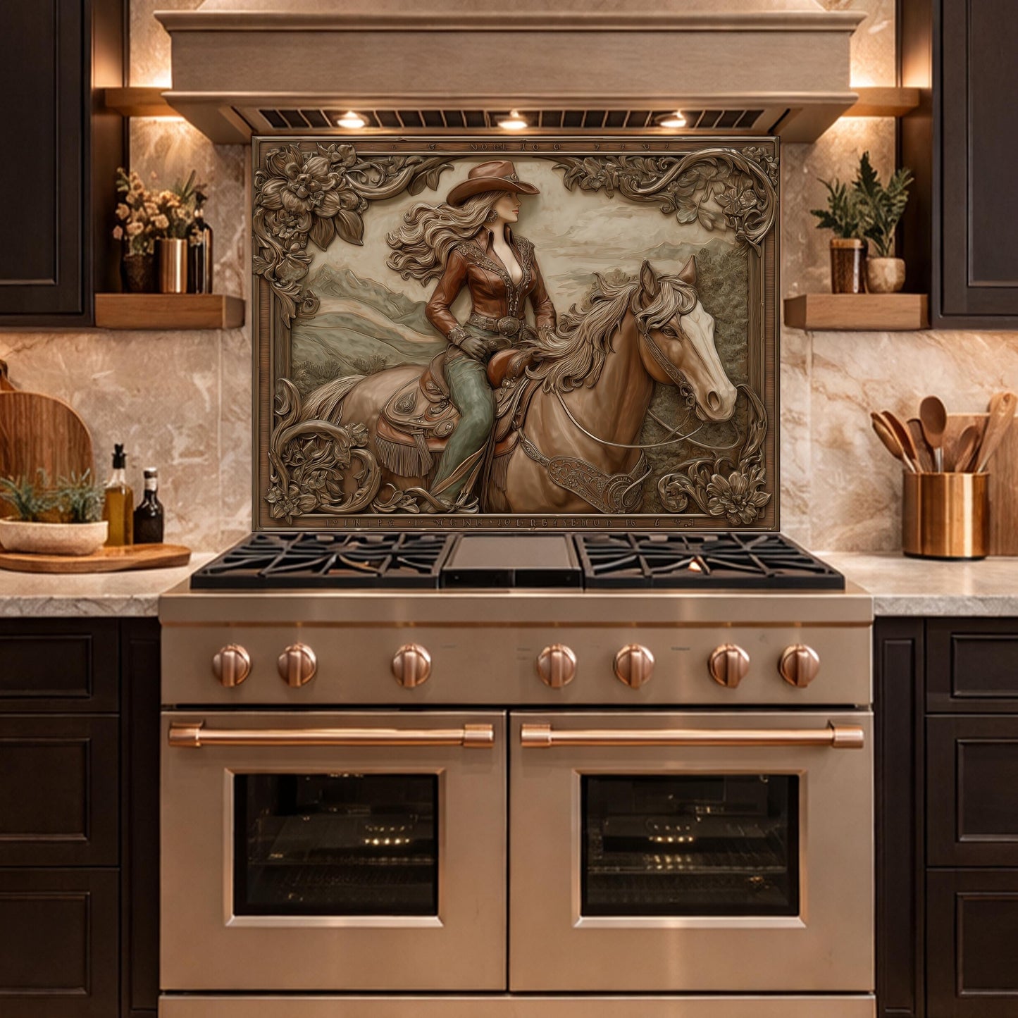 Graceful Cowgirl and Horse Tempered Glass Backsplash, Copper Relief Look Wall Panel, Stove Guard