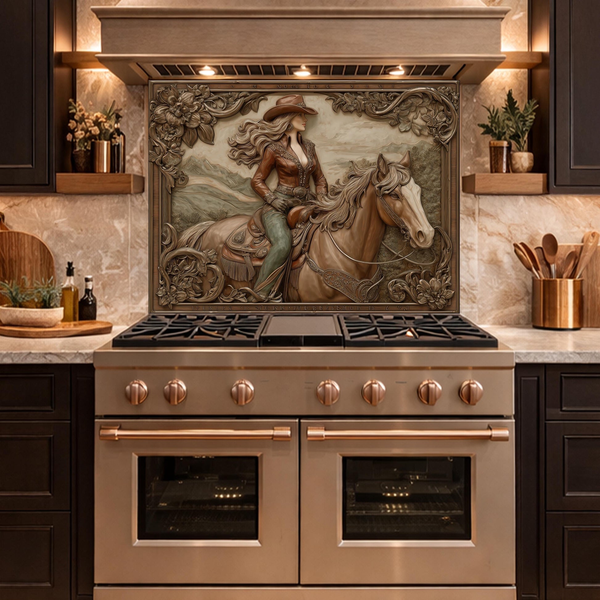 Graceful Cowgirl and Horse Tempered Glass Backsplash, Copper Relief Look Wall Panel, Stove Guard