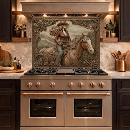 Graceful Cowgirl and Horse Tempered Glass Backsplash, Copper Relief Look Wall Panel, Stove Guard