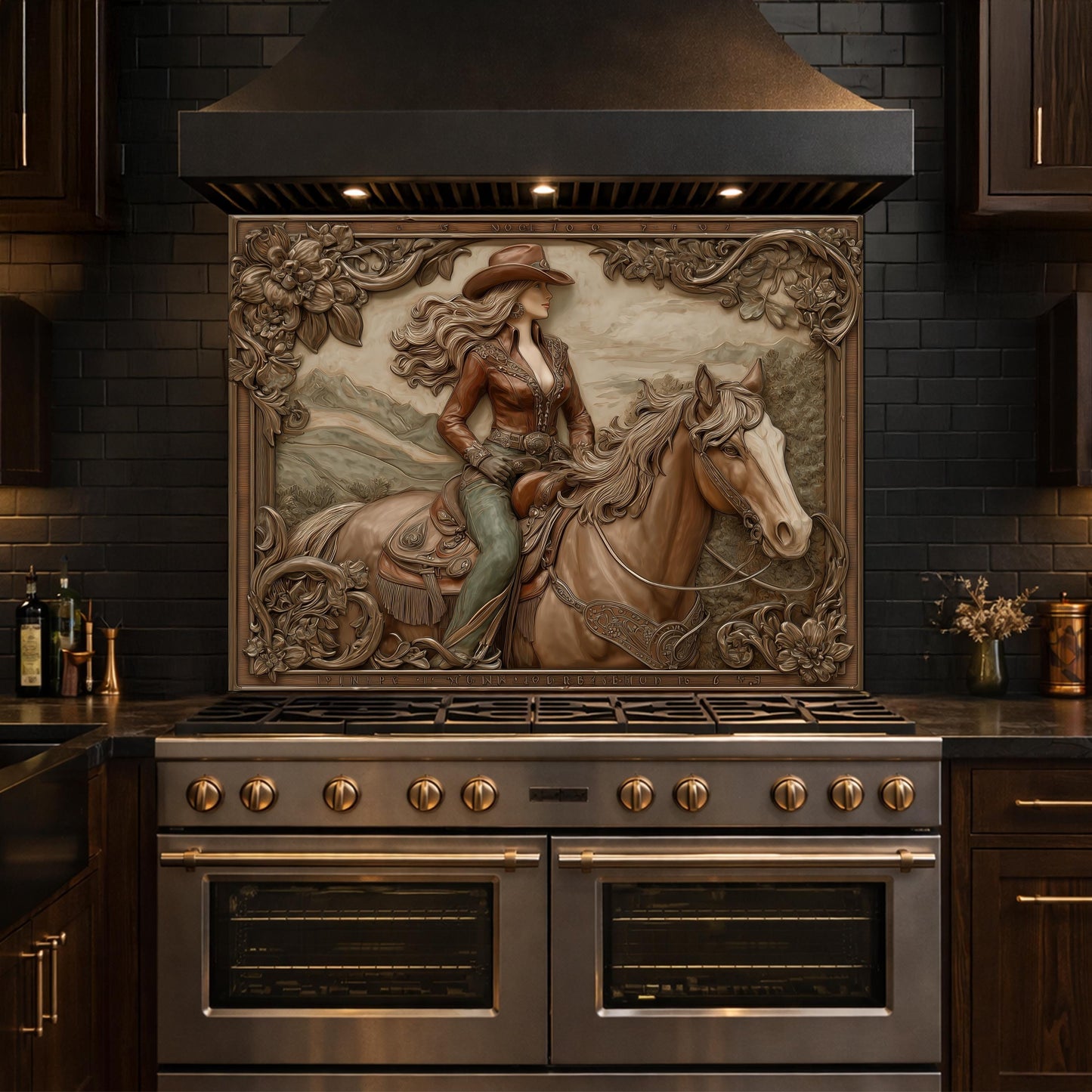 Graceful Cowgirl and Horse Tempered Glass Backsplash, Copper Relief Look Wall Panel, Stove Guard