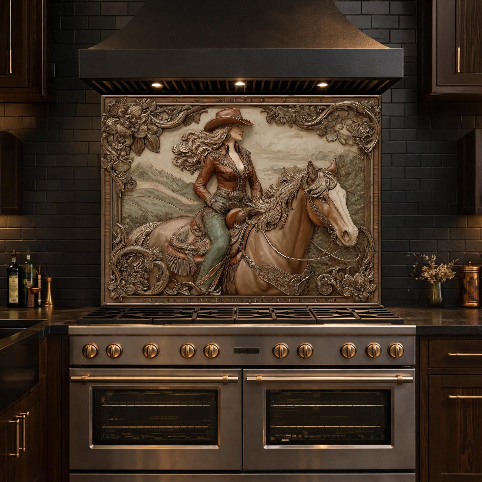 Graceful Cowgirl and Horse Tempered Glass Backsplash, Copper Relief Look Wall Panel, Stove Guard