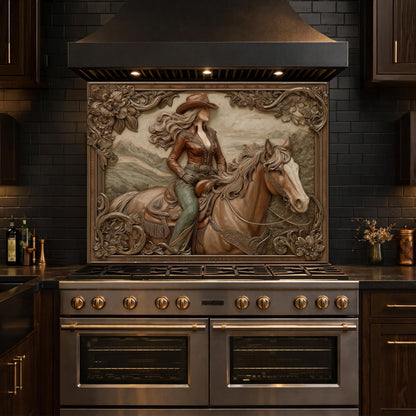 Graceful Cowgirl and Horse Tempered Glass Backsplash, Copper Relief Look Wall Panel, Stove Guard