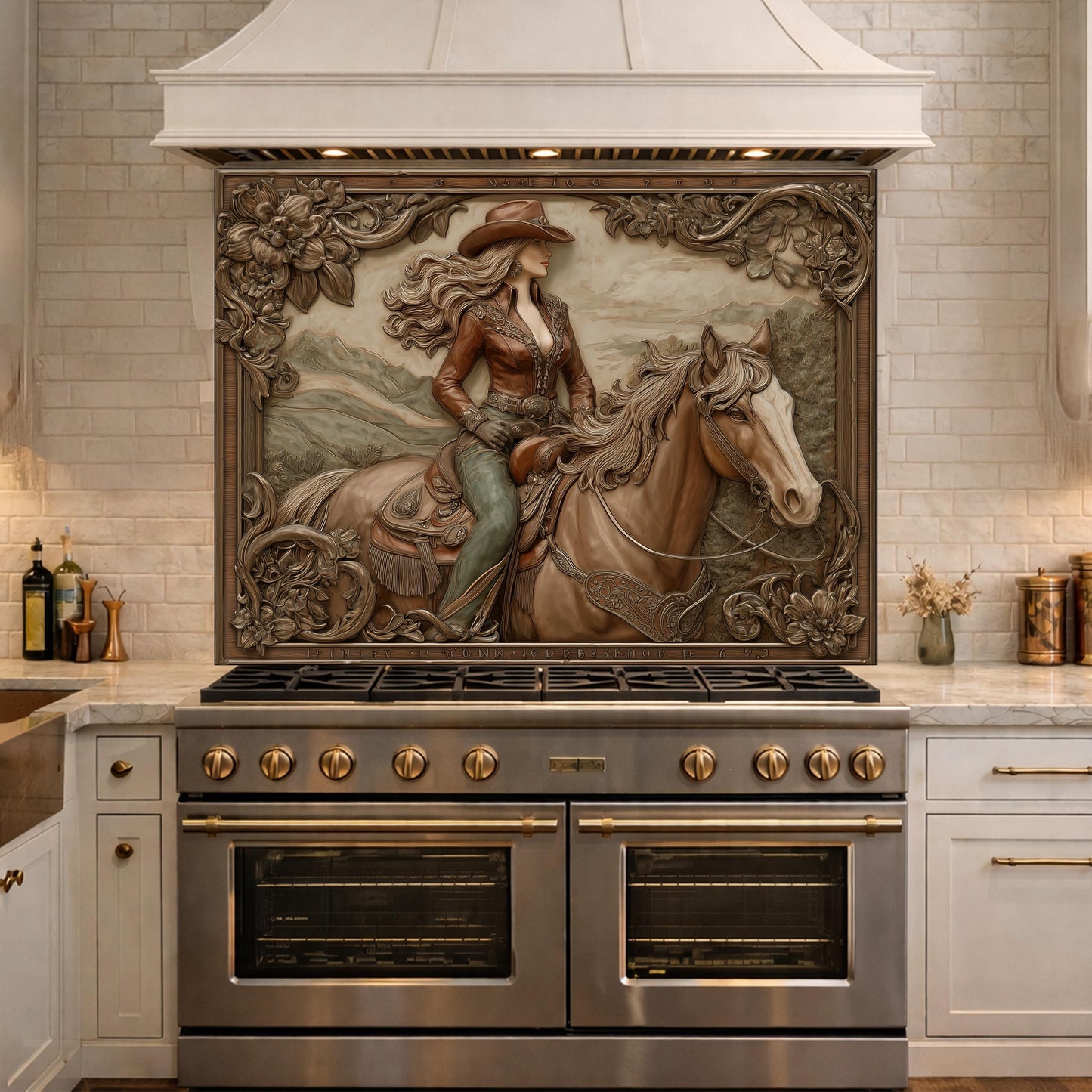 Graceful Cowgirl and Horse Tempered Glass Backsplash, Copper Relief Look Wall Panel, Stove Guard