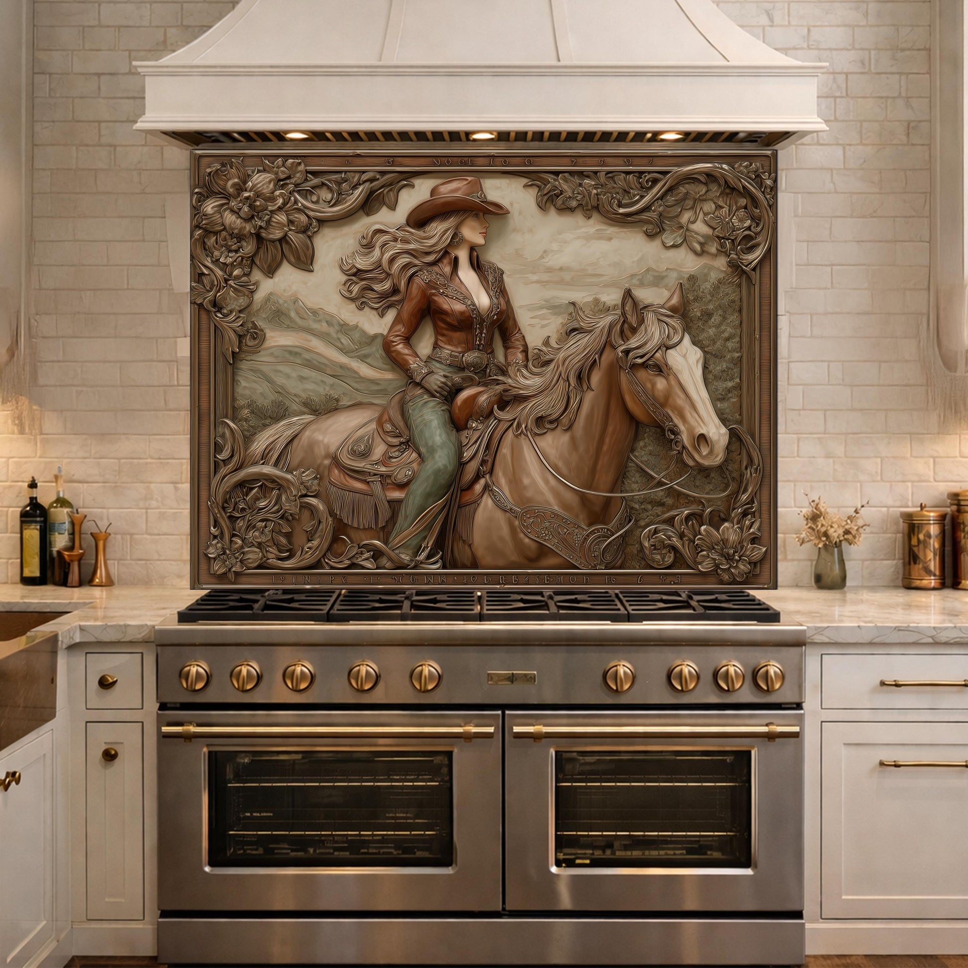Graceful Cowgirl and Horse Tempered Glass Backsplash, Copper Relief Look Wall Panel, Stove Guard