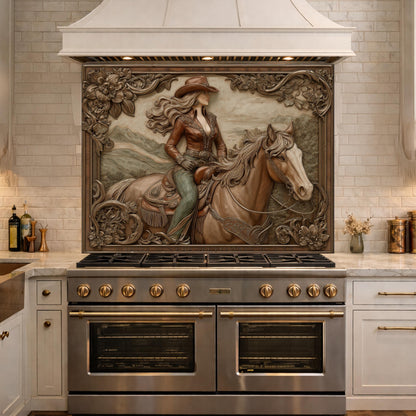 Graceful Cowgirl and Horse Tempered Glass Backsplash, Copper Relief Look Wall Panel, Stove Guard