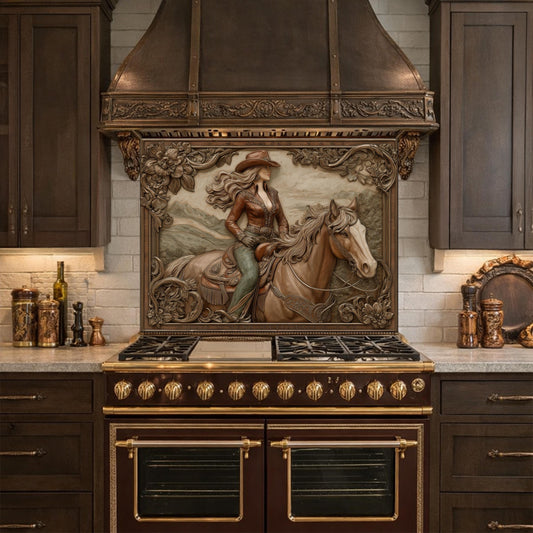 Graceful Cowgirl and Horse Tempered Glass Backsplash, Copper Relief Look Wall Panel, Stove Guard
