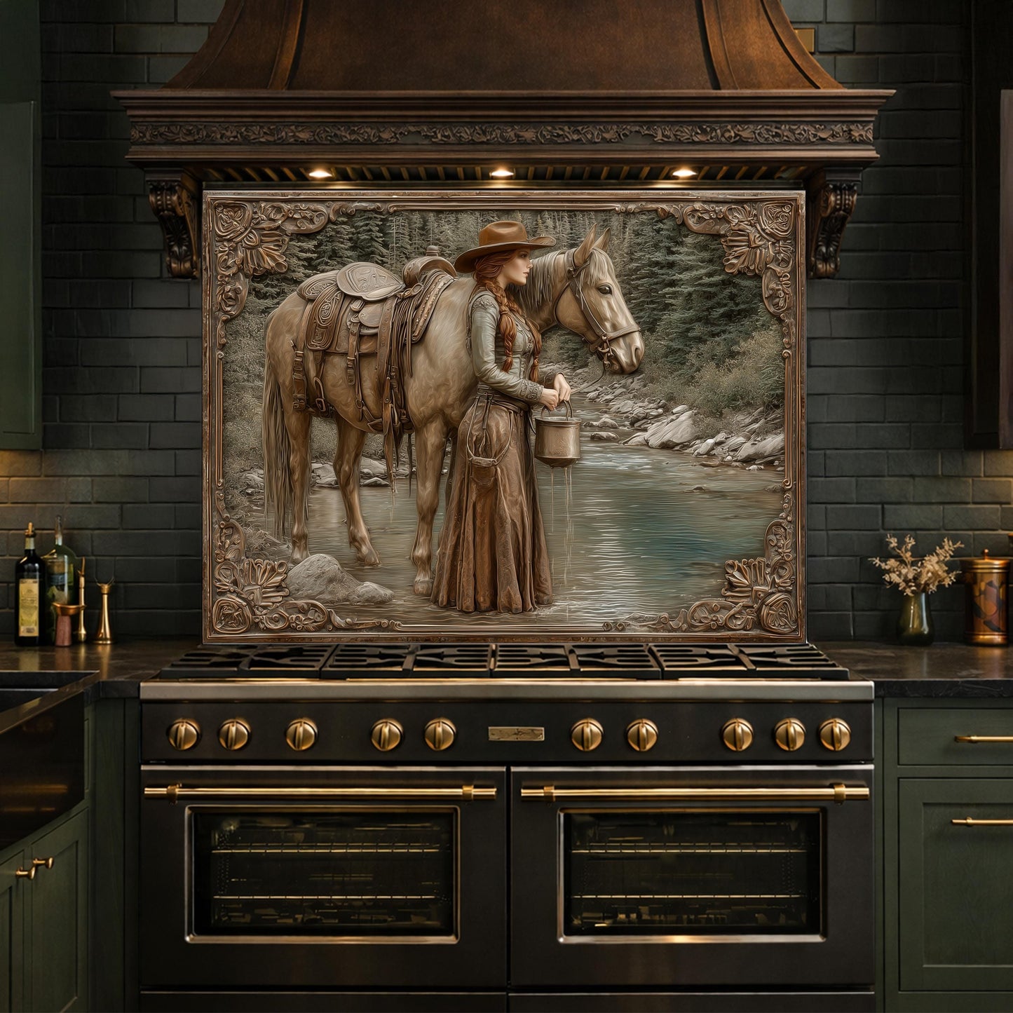 Mountain Stream Cowgirl Tempered Glass Backsplash, Copper Relief Look Wall Panel, Stove Guard