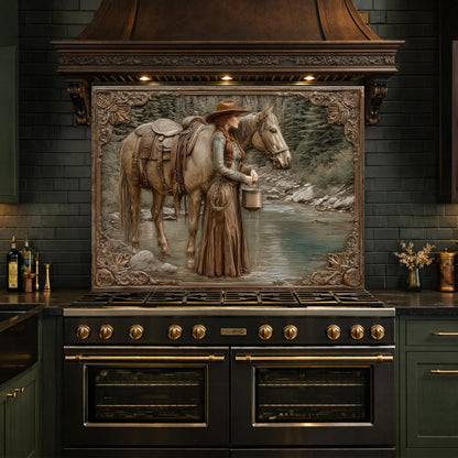 Mountain Stream Cowgirl Tempered Glass Backsplash, Copper Relief Look Wall Panel, Stove Guard