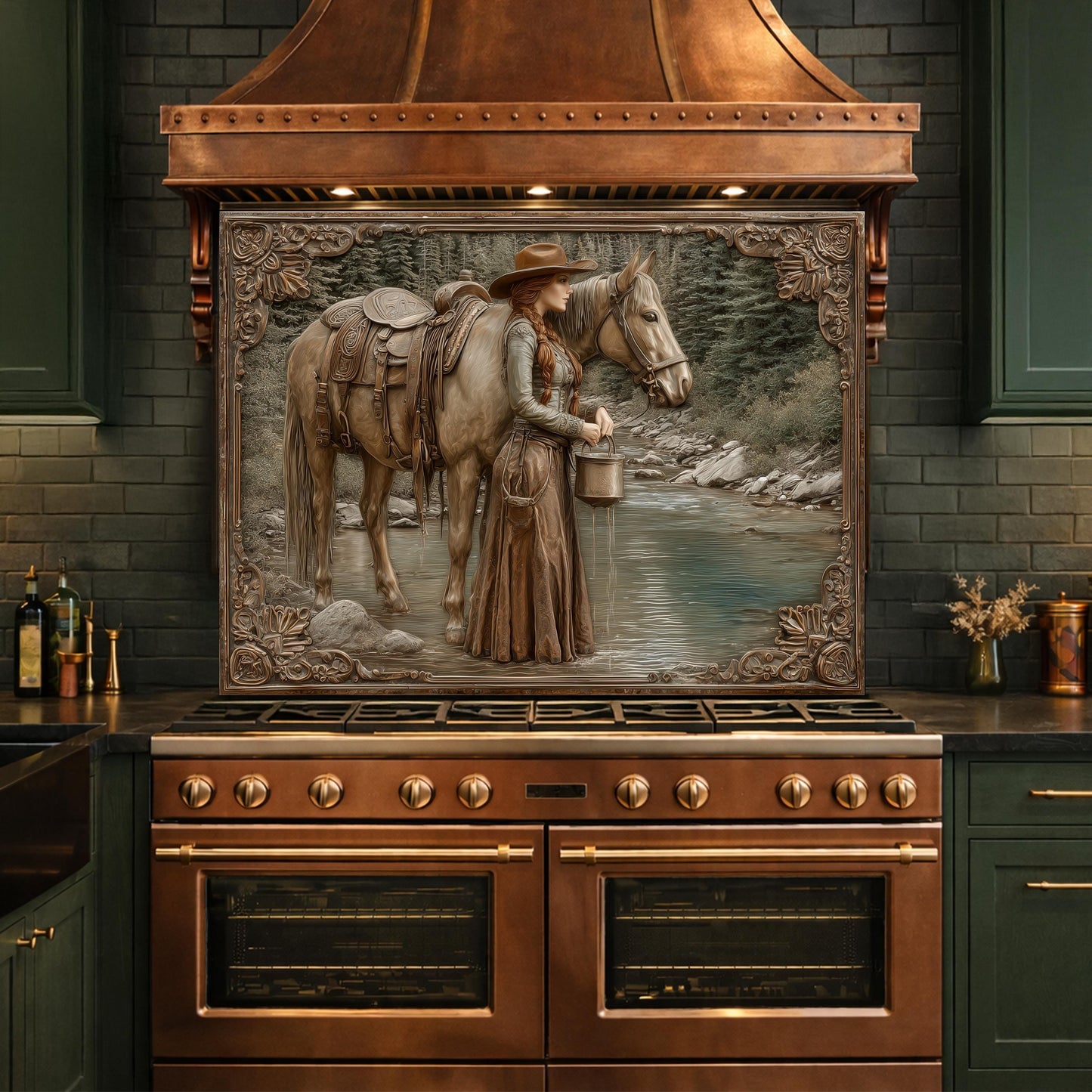 Mountain Stream Cowgirl Tempered Glass Backsplash, Copper Relief Look Wall Panel, Stove Guard