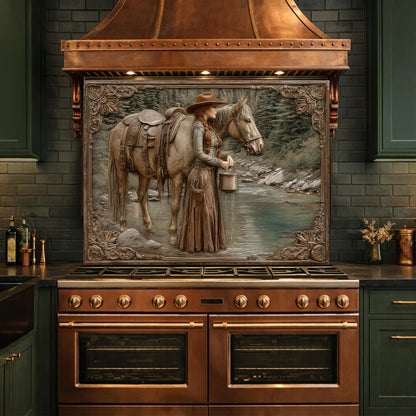 Mountain Stream Cowgirl Tempered Glass Backsplash, Copper Relief Look Wall Panel, Stove Guard