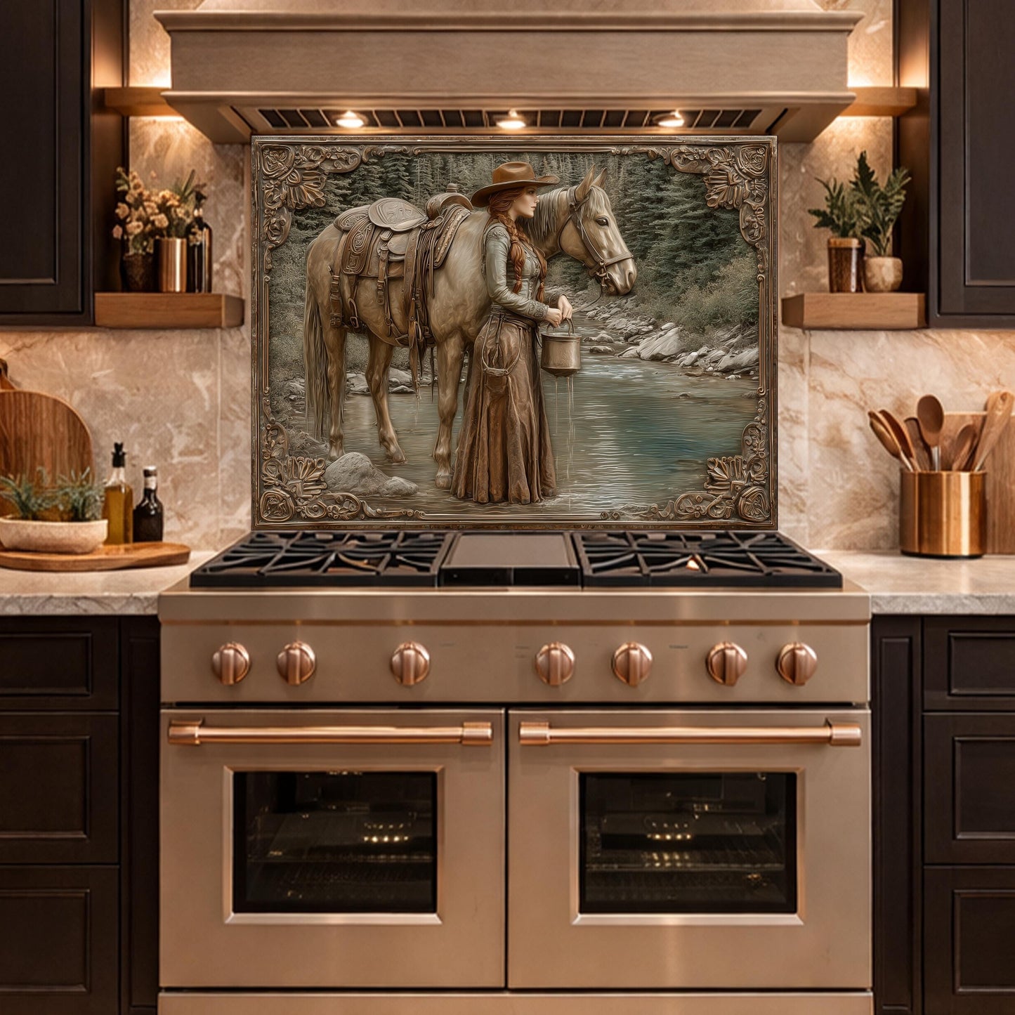 Mountain Stream Cowgirl Tempered Glass Backsplash, Copper Relief Look Wall Panel, Stove Guard