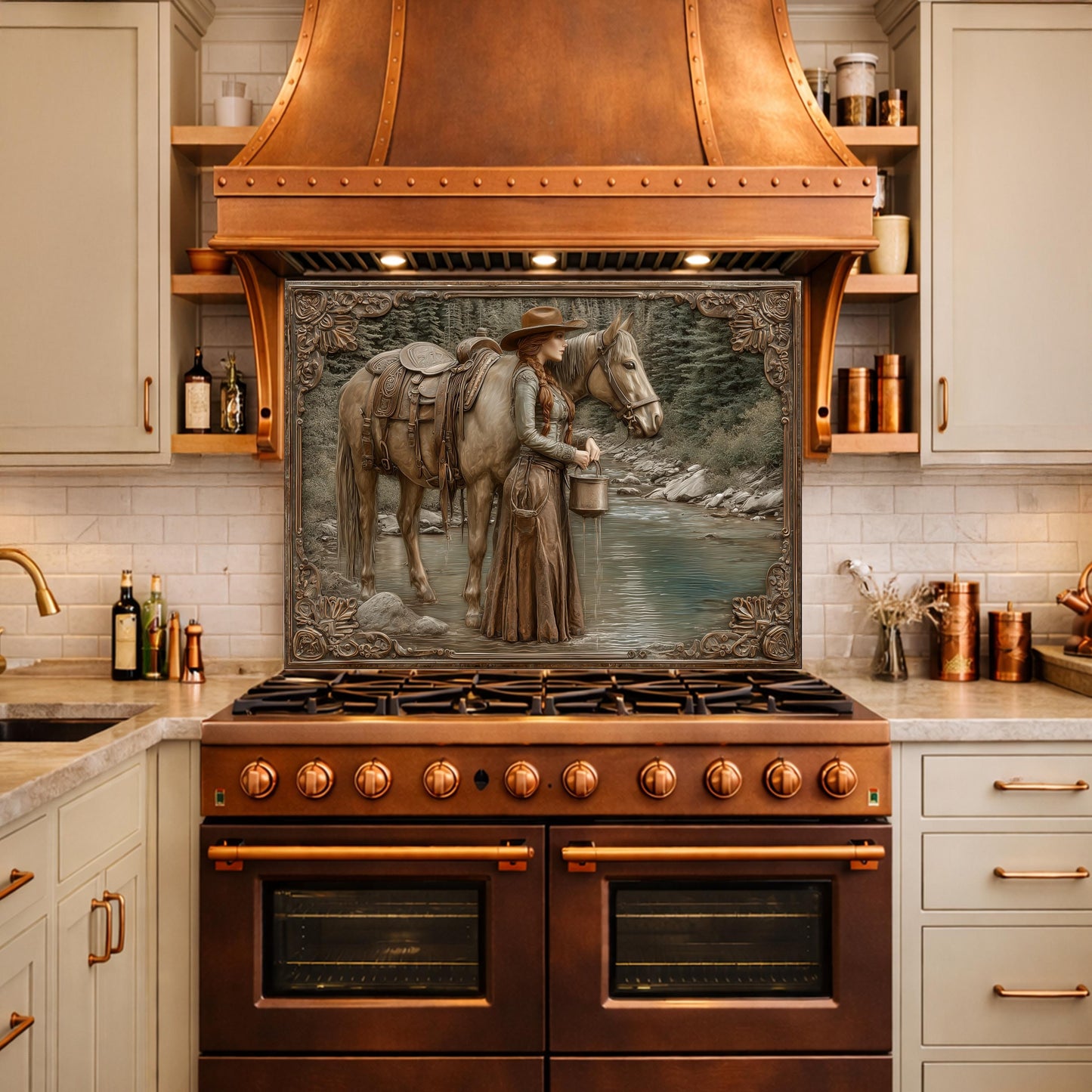 Mountain Stream Cowgirl Tempered Glass Backsplash, Copper Relief Look Wall Panel, Stove Guard