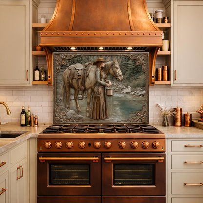 Mountain Stream Cowgirl Tempered Glass Backsplash, Copper Relief Look Wall Panel, Stove Guard