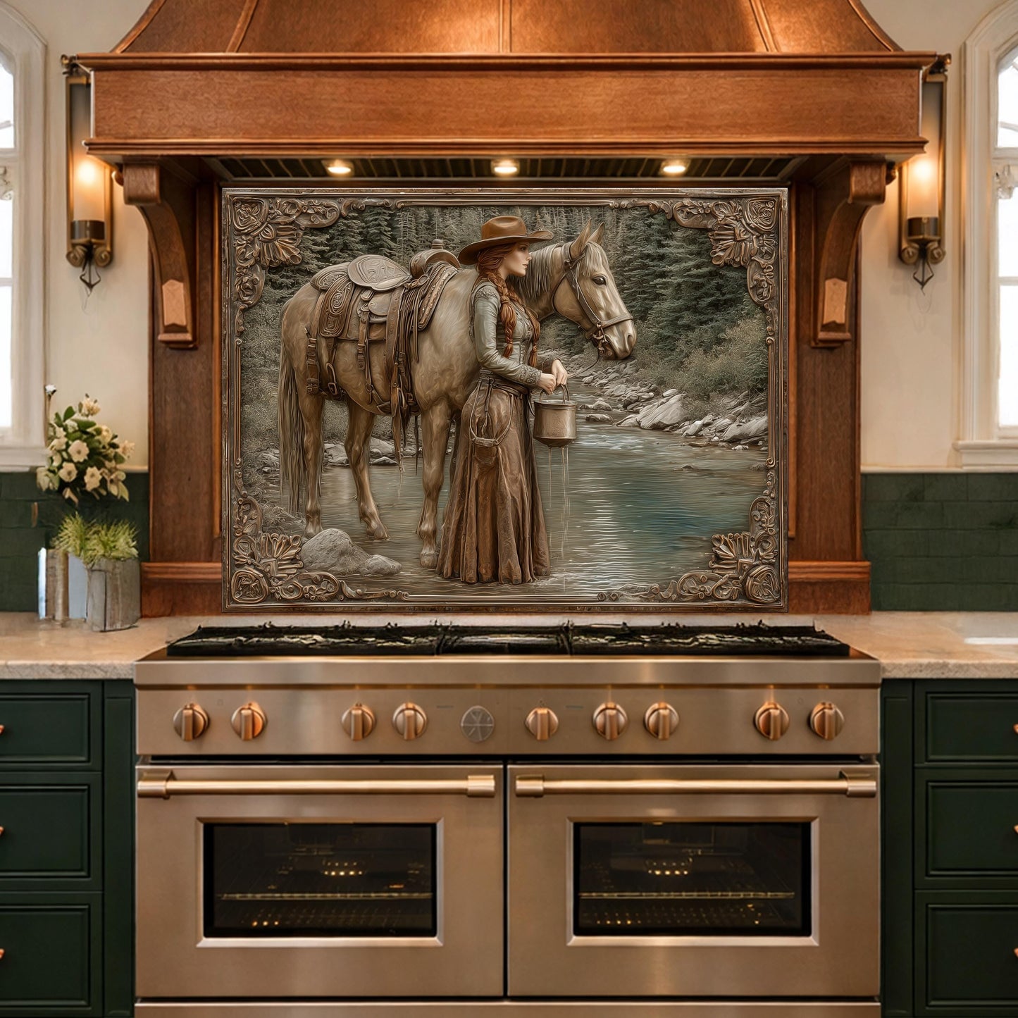 Mountain Stream Cowgirl Tempered Glass Backsplash, Copper Relief Look Wall Panel, Stove Guard