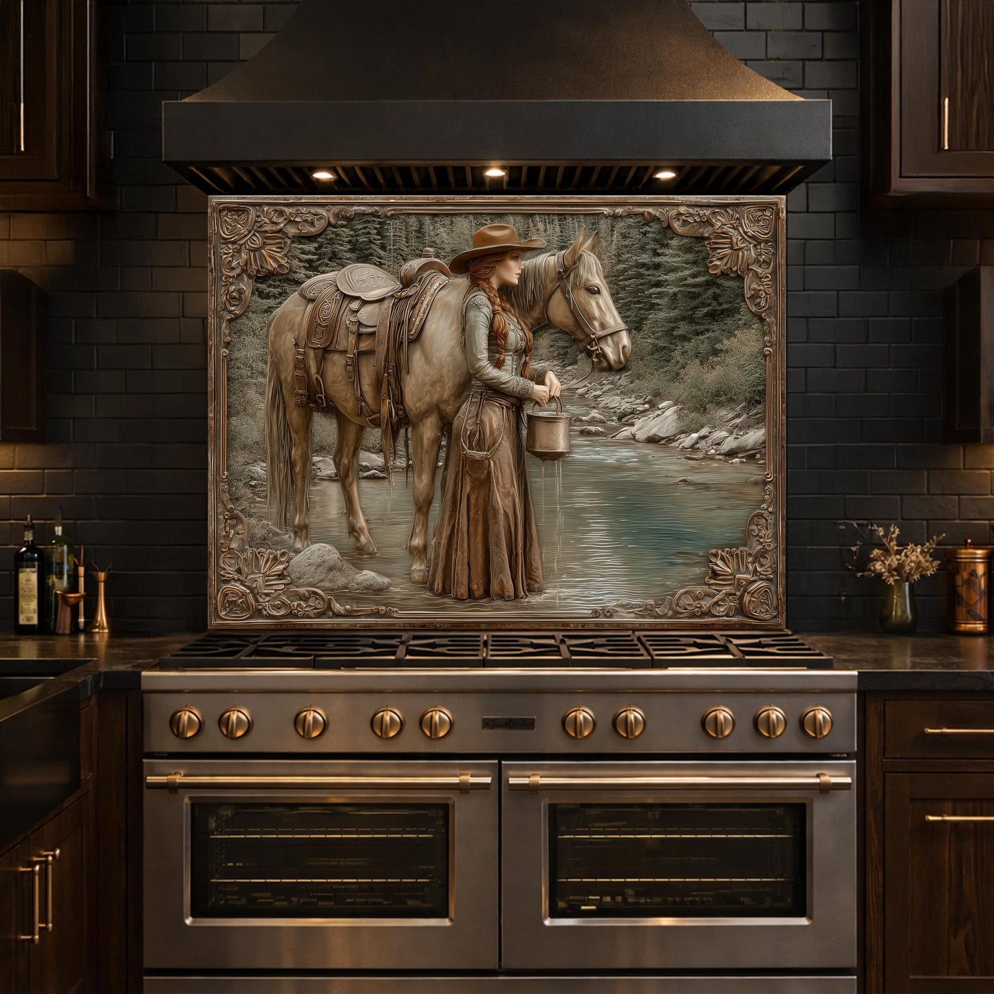 Mountain Stream Cowgirl Tempered Glass Backsplash, Copper Relief Look Wall Panel, Stove Guard