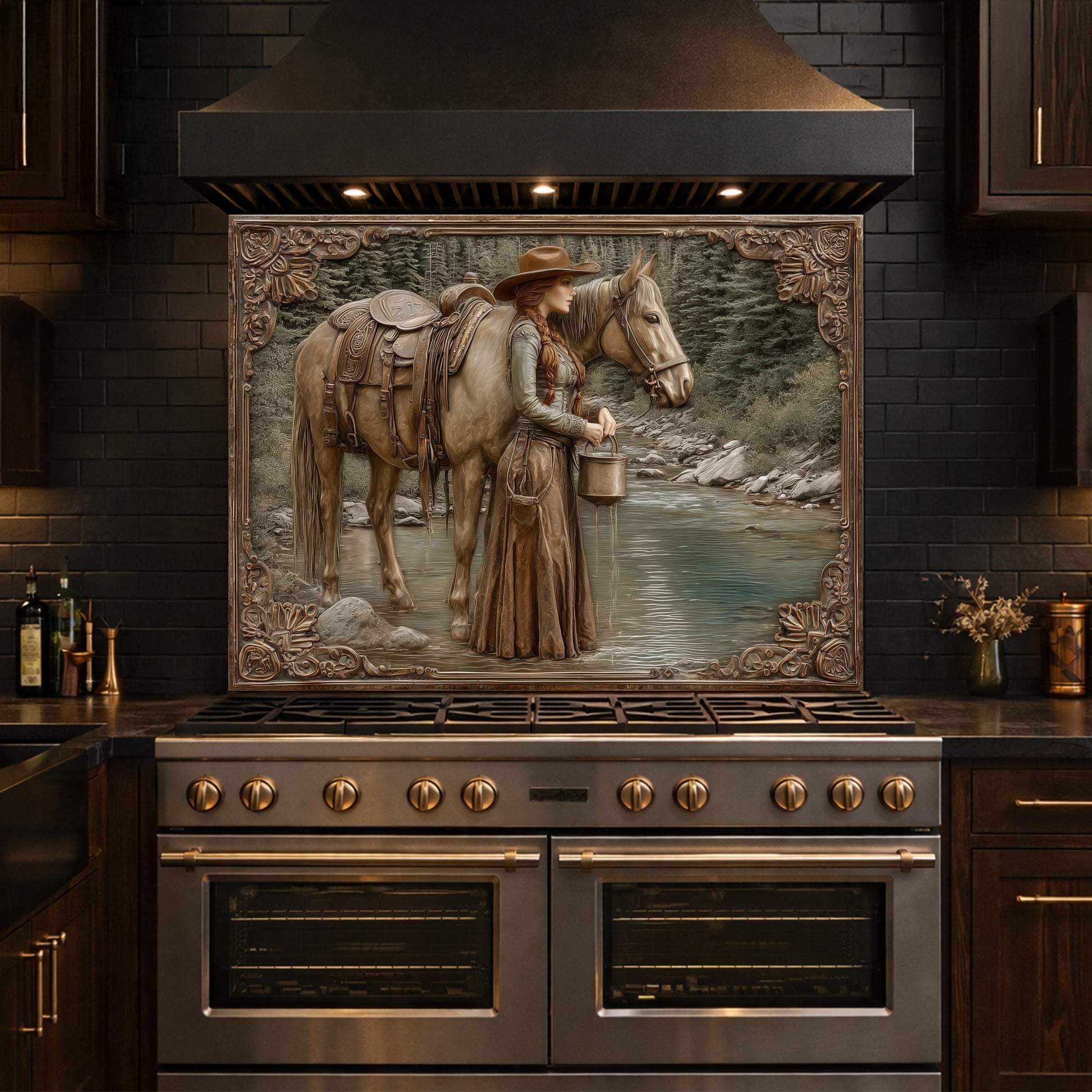 Mountain Stream Cowgirl Tempered Glass Backsplash, Copper Relief Look Wall Panel, Stove Guard