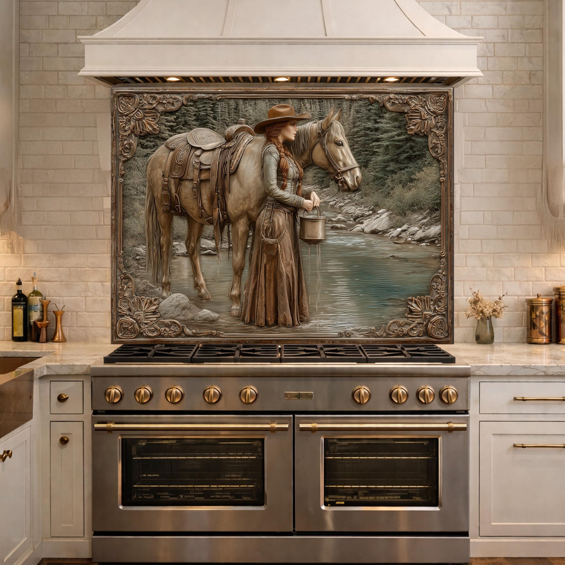 Mountain Stream Cowgirl Tempered Glass Backsplash, Copper Relief Look Wall Panel, Stove Guard