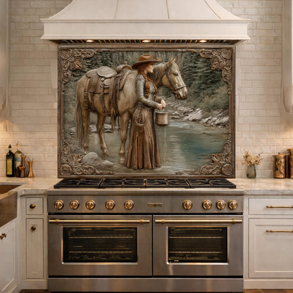 Mountain Stream Cowgirl Tempered Glass Backsplash, Copper Relief Look Wall Panel, Stove Guard