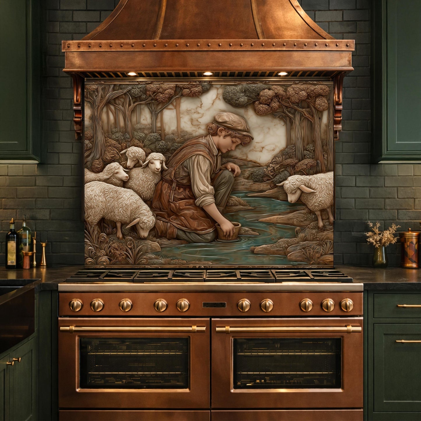 Shephard and Sheep Copper Backsplash, Tempered Glass Stove Backsplash