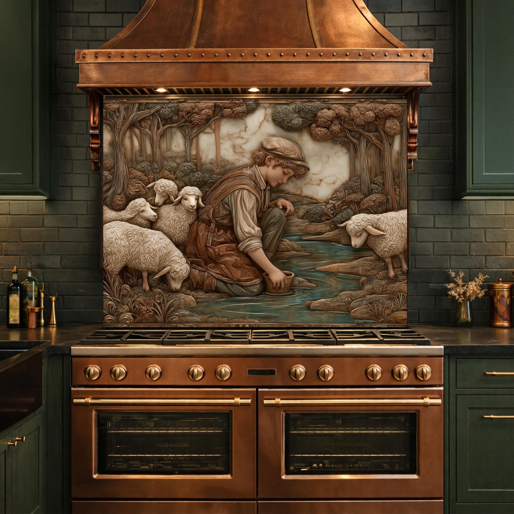 Shephard and Sheep Copper Backsplash, Tempered Glass Stove Backsplash