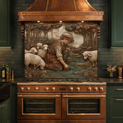 Shephard and Sheep Copper Backsplash, Tempered Glass Stove Backsplash