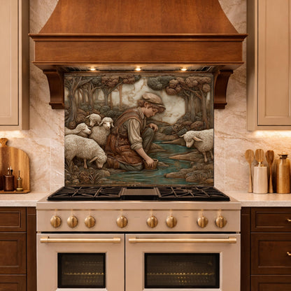 Shephard and Sheep Copper Backsplash, Tempered Glass Stove Backsplash