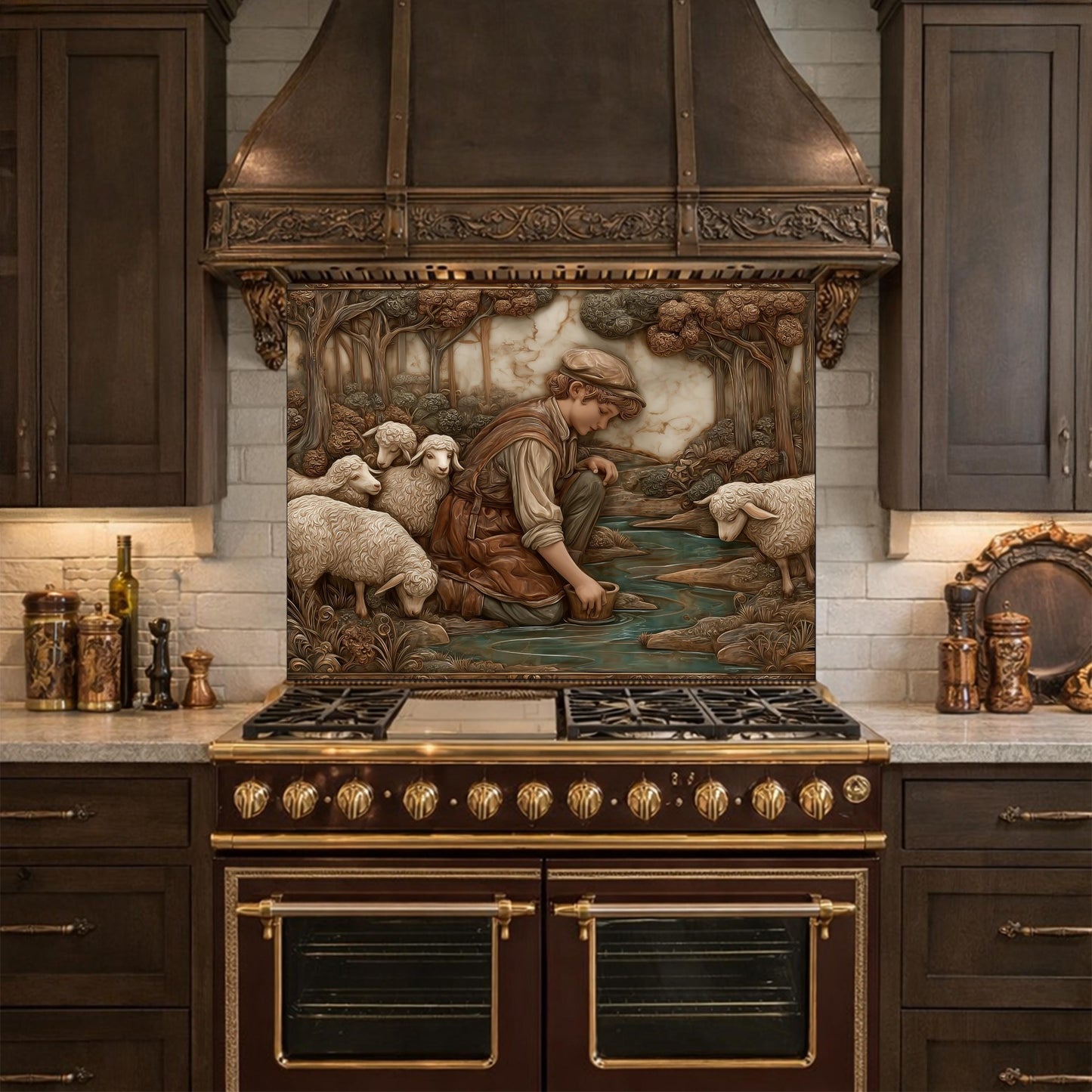 Shephard and Sheep Copper Backsplash, Tempered Glass Stove Backsplash
