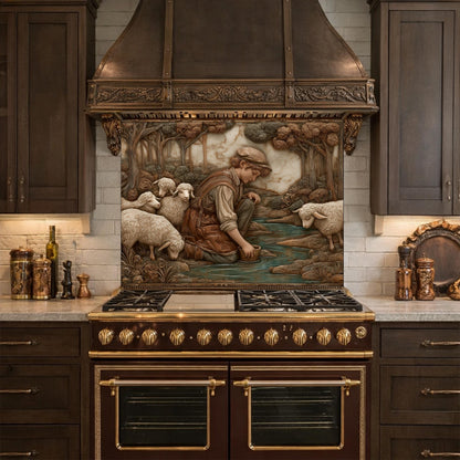 Shephard and Sheep Copper Backsplash, Tempered Glass Stove Backsplash
