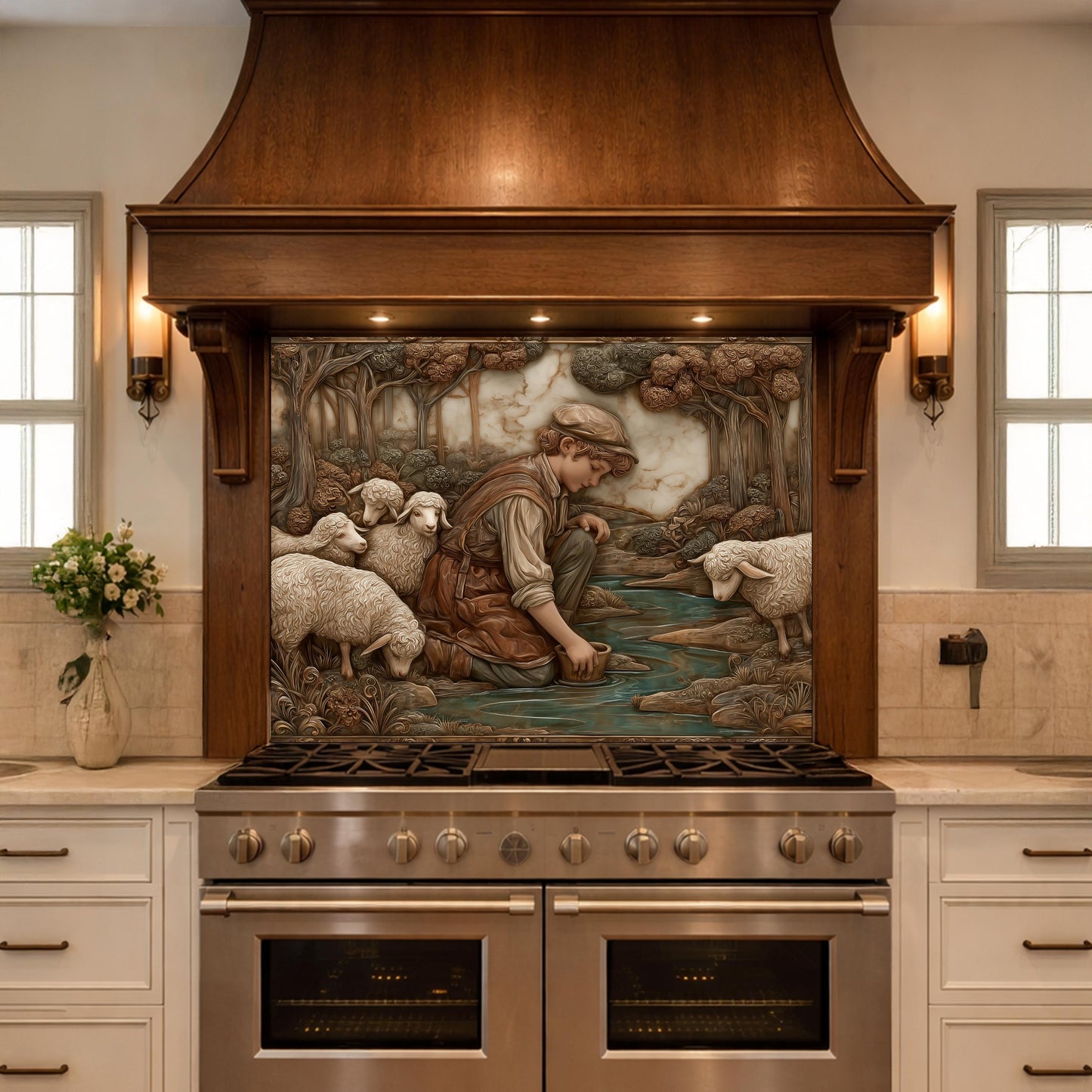 Shephard and Sheep Copper Backsplash, Tempered Glass Stove Backsplash
